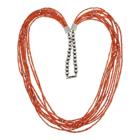 Navajo Mediterranean Coral & Oxidized Beads 10 Strands Necklace