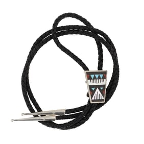 Zuni Turquoise Coral Acoma Jet & Mother of Pearl Inlay Bolo Tie