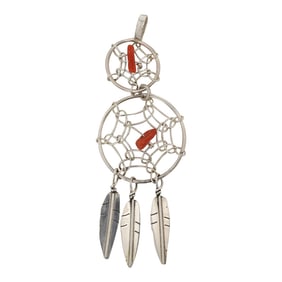 Navajo Mediterranean Coral Dream Catcher Pendant