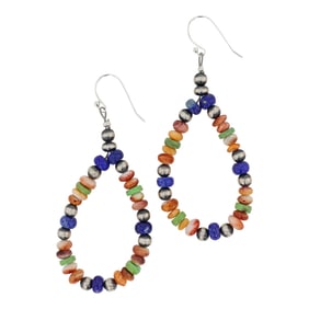 Navajo Turquoise Spiny Oyster Lapis & Oxidized Beads Hoop Earrings