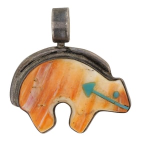 Vintage Zuni Turquoise Spiny Oyster Inlay Bear Pendant