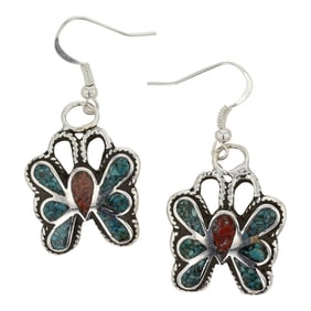 Navajo Turquoise & Coral Chip Inlay Butterfly Earrings