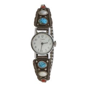 Navajo Turquoise Coral & Mother of Pearl Watch bracelet
