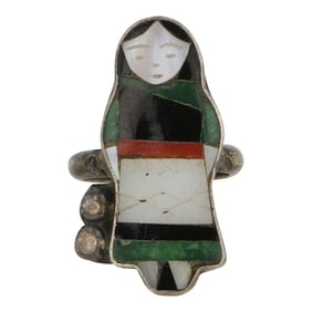 Vintage Zuni Turquoise Acoma Jet Coral Mother of Pearl Inlay Ring