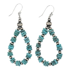Navajo Kingman Turquoise & Oxidized Beads Hoop Earrings