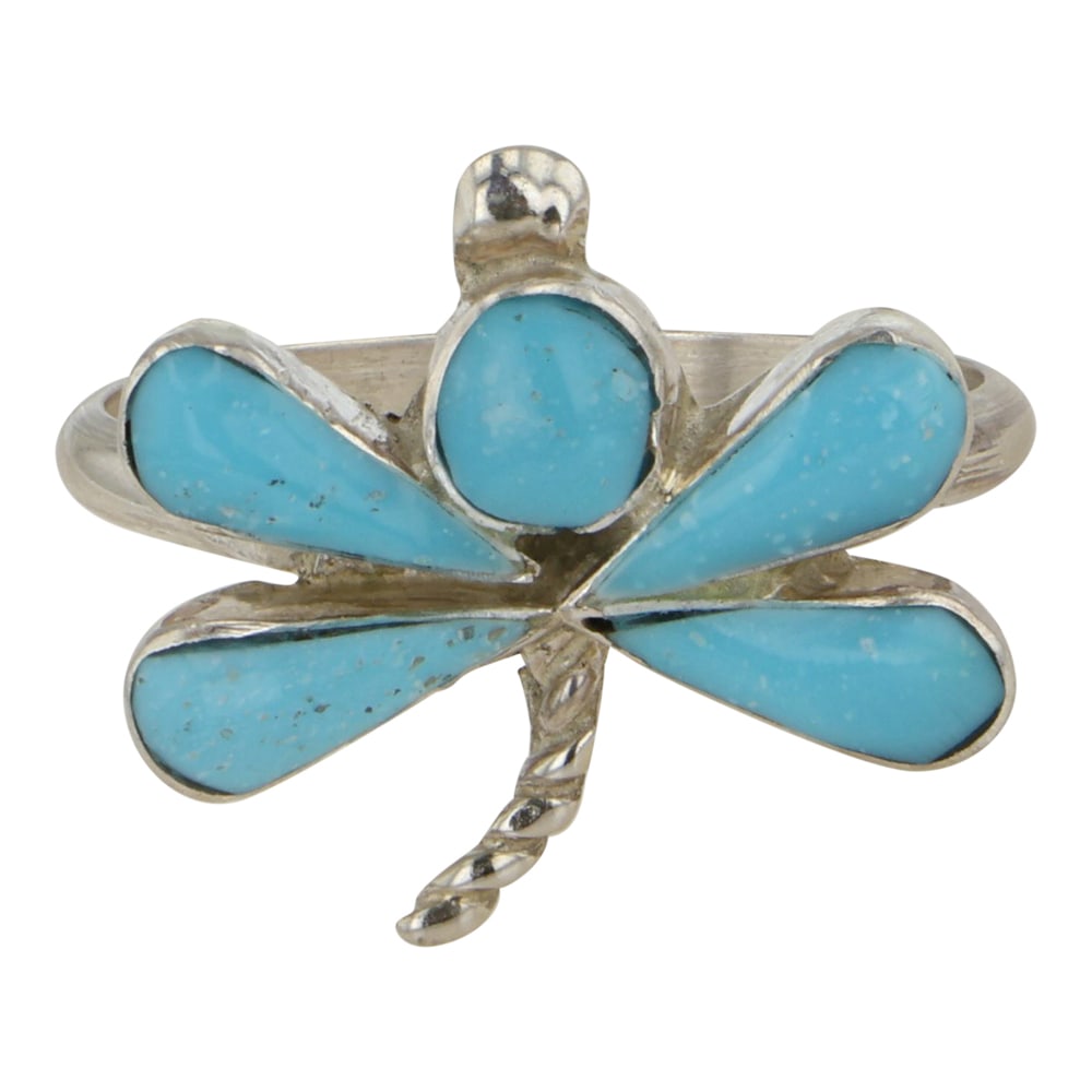 Zuni Kingman Turquoise Dragonfly Inlay Ring: Sterling Silver | Genuine Turquoise | Zuni Kingman Turquoise Dragonfly Inlay Ring | Zuni Native American Southwest Indian Jewelry | Good (no breaks or damages) | Approximate Weight: 2 Grams | Ring: 6.
