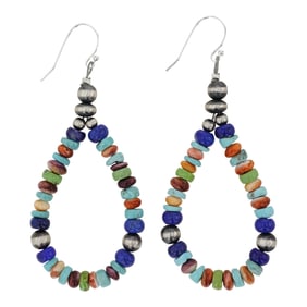 Navajo Oxidized Beads & Turquoise Spiny Oyster & Lapis Hoop Earrings