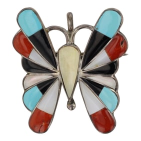 Vintage Zuni Turquoise, Coral, Acoma Jet & Mother of Pearl Inlay Butterfly Pin/ Pendant