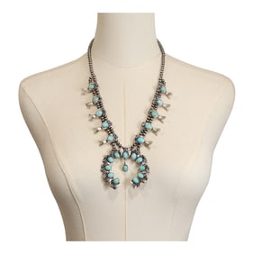 Lydia Begay Navajo Compitos Turquoise Squash Blossom Necklace