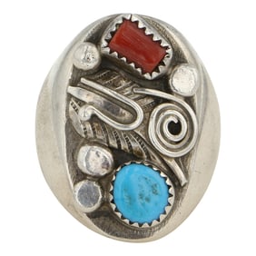 Vintage Navajo Turquoise & Coral Men's Ring