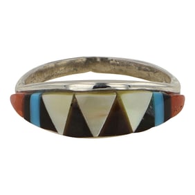 Zuni Turquoise Coral Jet & Shell Inlay Ring