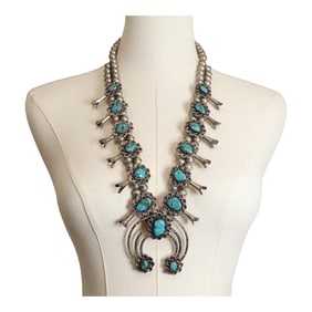 Navajo 1970's Vintage Blue Gem Turquoise Squash Blossom Necklace
