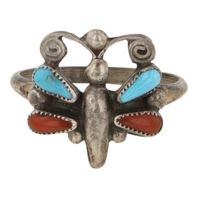 Vintage Navajo Turquoise & Coral Dragonfly Ring