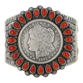 Randy Boyd Navajo Mediterranean Coral & Silver Morgan Dollar Cluster Stamp Masterpiece Bracelet