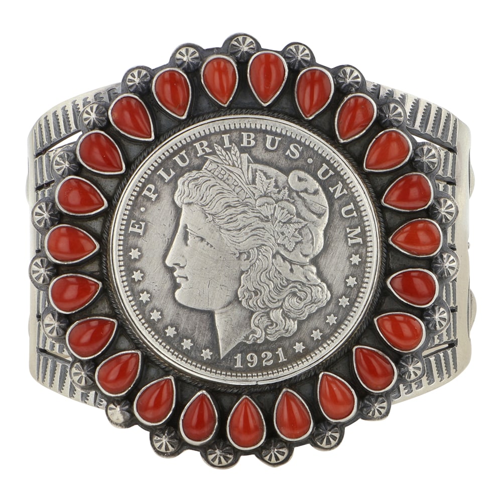 Randy Boyd Navajo Mediterranean Coral & Silver Morgan Dollar Cluster Stamp Masterpiece Bracelet (1 of 4)