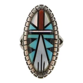 Vintage Zuni Turquoise Coral Mother of Pearl & Acoma Jet Inlay Ring
