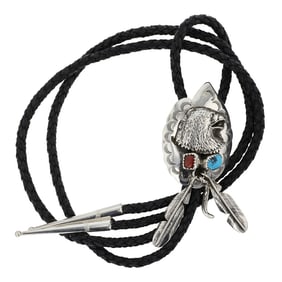 Navajo Turquoise & Coral Eagle Bolo Tie