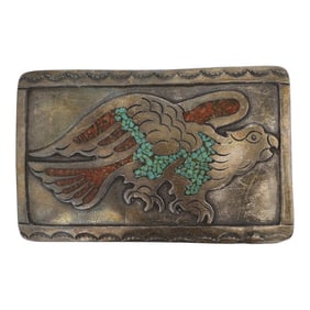 Vintage Navajo Turquoise & Coral Chip Inlay Belt Buckle