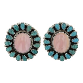 Travis Jim Navajo Turquoise & Pink Conch Cluster Earrings