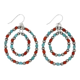 Navajo Turquoise & Coral Oxidized Beads Hoop Earrings
