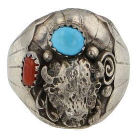 Navajo Turquoise & Coral Bison Ring