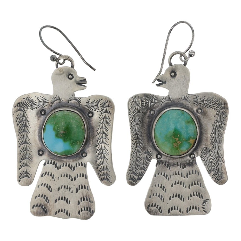 Cordell Platero Navajo Sonoran Gold Turquoise Thunderbird Earrings: Sterling Silver | Genuine Sonoran Gold Turquoise | Cordell Platero Navajo Sonoran Gold Turquoise Thunderbird Earrings | Navajo Native American Southwest Indian Jewelry | Good (no breaks or damages) | 