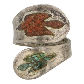 Vintage Navajo Turquoise & Coral Chip Inlay Peyote Bird Ring