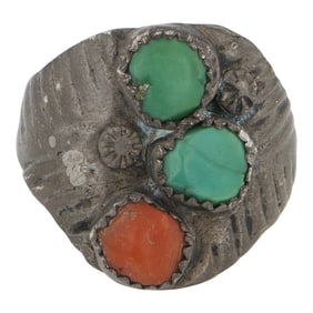 Vintage Navajo Turquoise & Coral Ring