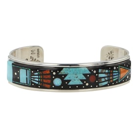 Mathew Jack Navajo Turquoise Coral Spiny Oyster Acoma Jet & Synthetic Micro Inlay Intricate Cuff