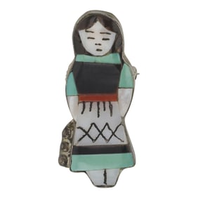 Theresa Waseta Zuni Vintage Turquoise Coral Acoma Jet & Mother of Pearl Inlay Pin/ Pendant