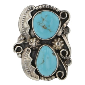 Bernita Begay Navajo Kingman Turquoise Two Stone Ring