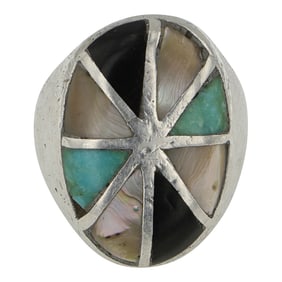 Vintage Zuni Turquoise Acoma Jet & Shell Inlay Ring