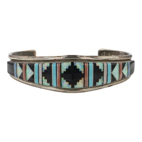 Navajo Turquoise Coral Acoma Jet Denim Lapis & Synthetic Opal Inlay Rug Pattern Bracelet
