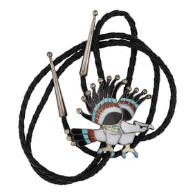 Charlotta Dishta Zuni Turquoise Coral Acoma Jet mother of Pearl & Shell Eagle Inlay Bolo Tie