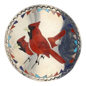 Quinten Quam Sr. Award Winning Zuni Coral Turquoise Lapis & Shell Inlay Cardinal Pin/ Pendant