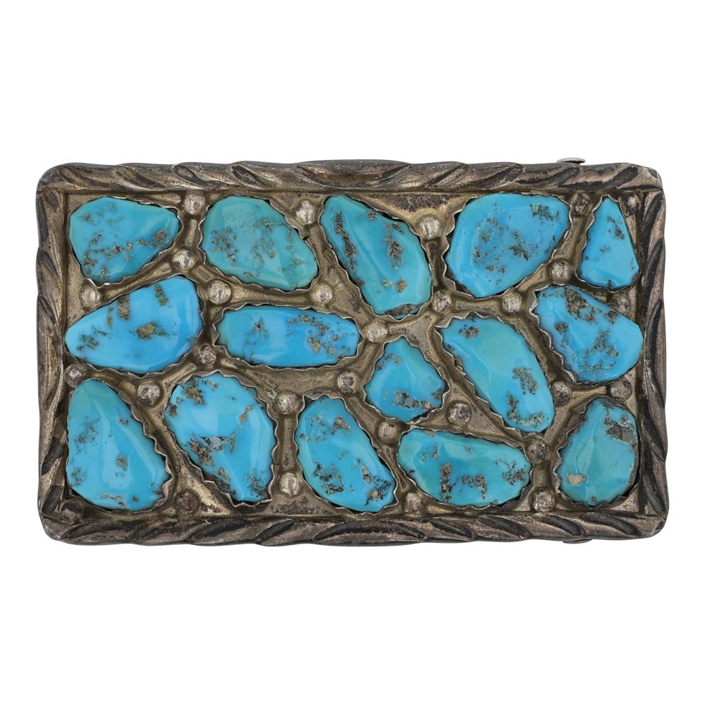Vance Cheama Zuni Vintage Sleeping Beauty Turquoise Belt Buckle: Sterling Silver | Genuine Sleeping Beauty Turquoise | Vance Cheama Zuni Vintage Sleeping Beauty Turquoise Belt Buckle | Zuni Native American Southwest Indian Jewelry | Good (no breaks or damages) | Ap