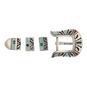 Richard Begay (1943-2013) Award Winning Navajo Artist Turquoise & Coral Ranger Belt Buckle Set