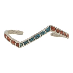 Vintage Navajo Turquoise & Coral Chip Inlay Bracelet
