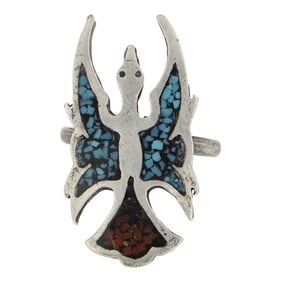 Vintage Navajo Turquoise &C oral Chip Inlay Peyote Bird Ring