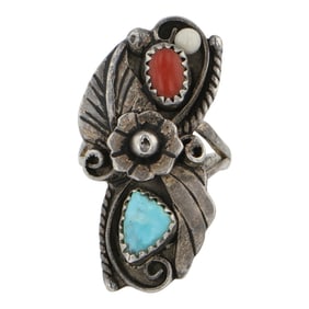 Vintage Navajo Turquoise & Coral Ring