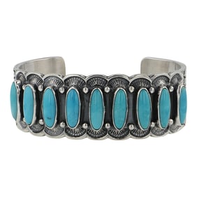 Ranyd Boyde Navajo Kingman Turquoise Stamp Work Row Bracelet