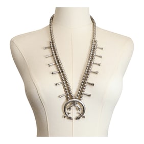 Vintage Navajo Plain Silver Sandcast Squash Blossom Necklace