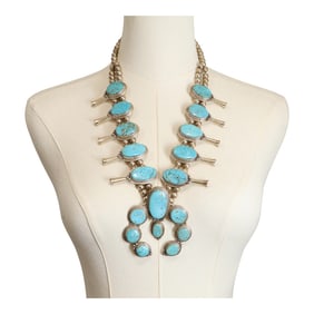 Lucy Jake Valencia Navajo Kingman Turquoise Squash Blossom Necklace