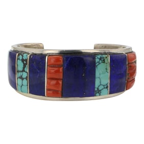 Rodger Tsabetsaye Award Winning Master Zuni Artist Turquoise Lapis & Mediterranean Coral Inlay Cuff