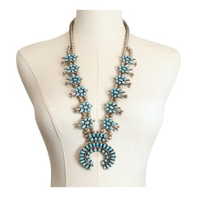 Vintage 1970's Kingman Turquoise Navajo Cluster Squash Blossom Necklace