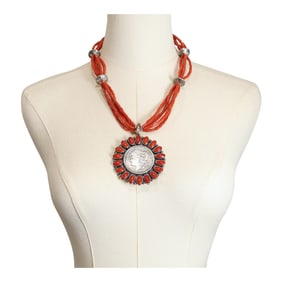 Paul Livingston Ox Blood Mediterranean Coral & US Coins Morgan Dollar & Mercury Dimes Necklace