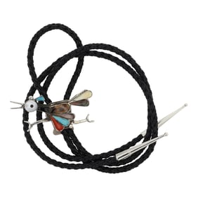 Zuni Turquoise Coral Mother of Pearl & Shell Inlay Roadrunner Bolo Tie