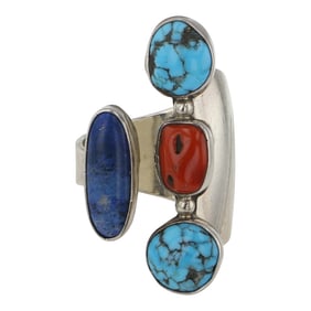 Lee Bennett Navajo Turquoise Coral & Lapis Ring