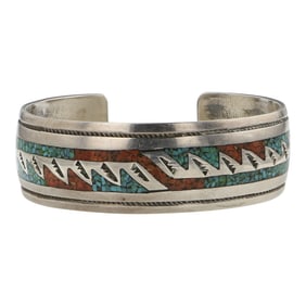 Charlie Singer (1931-2025) Navajo Turquoise & Coral Chip Inlay Bracelet