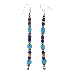 Navajo Turquoise Lapis Spiny Oyster & Oxidized Beads Earrings